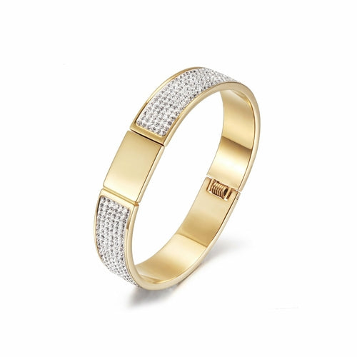 Eudonia Flawless Pavé Bangle with sparkling gemstones and silver-tone finish, elegant jewelry accessory on display