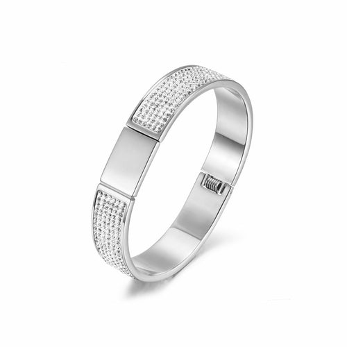 Eudonia Flawless Pavé Bangle with sparkling cubic zirconia stones and polished silver finish, showcasing elegant jewelry design.